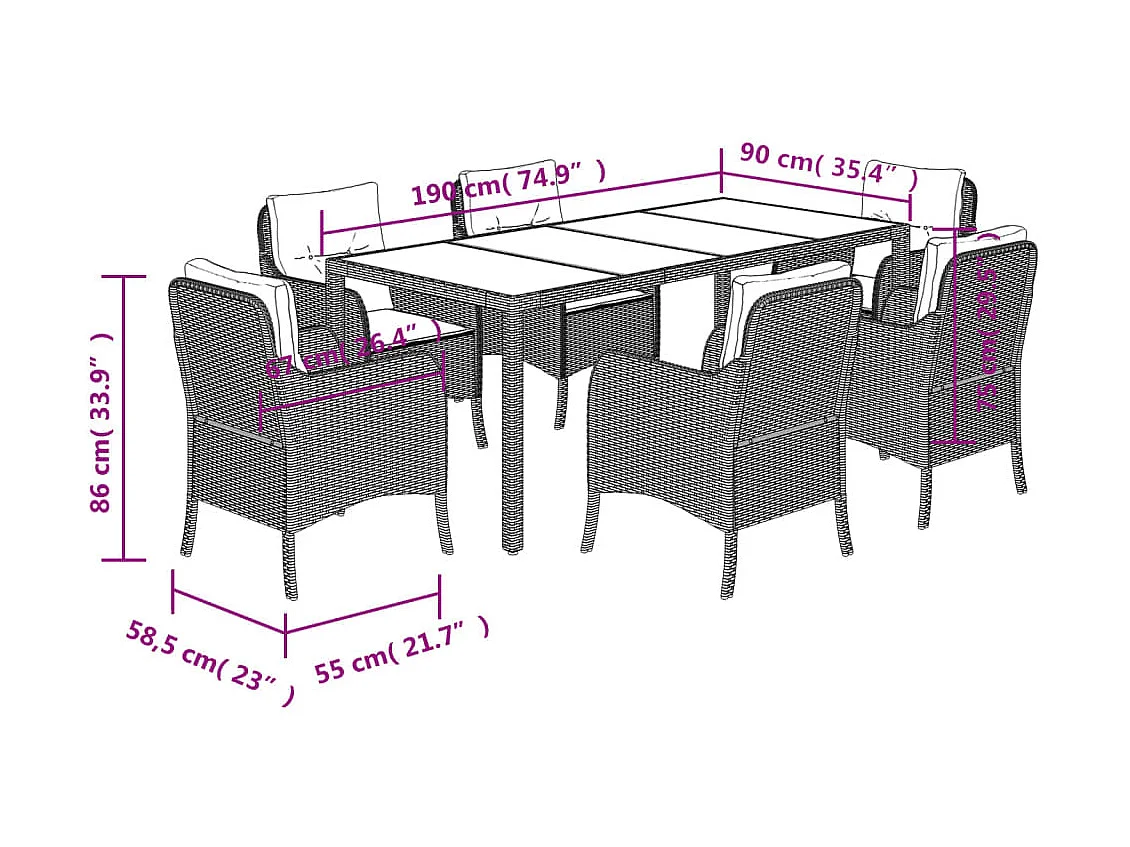 Ensemble à manger de jardin coussins 7pcs Noir Résine tressée