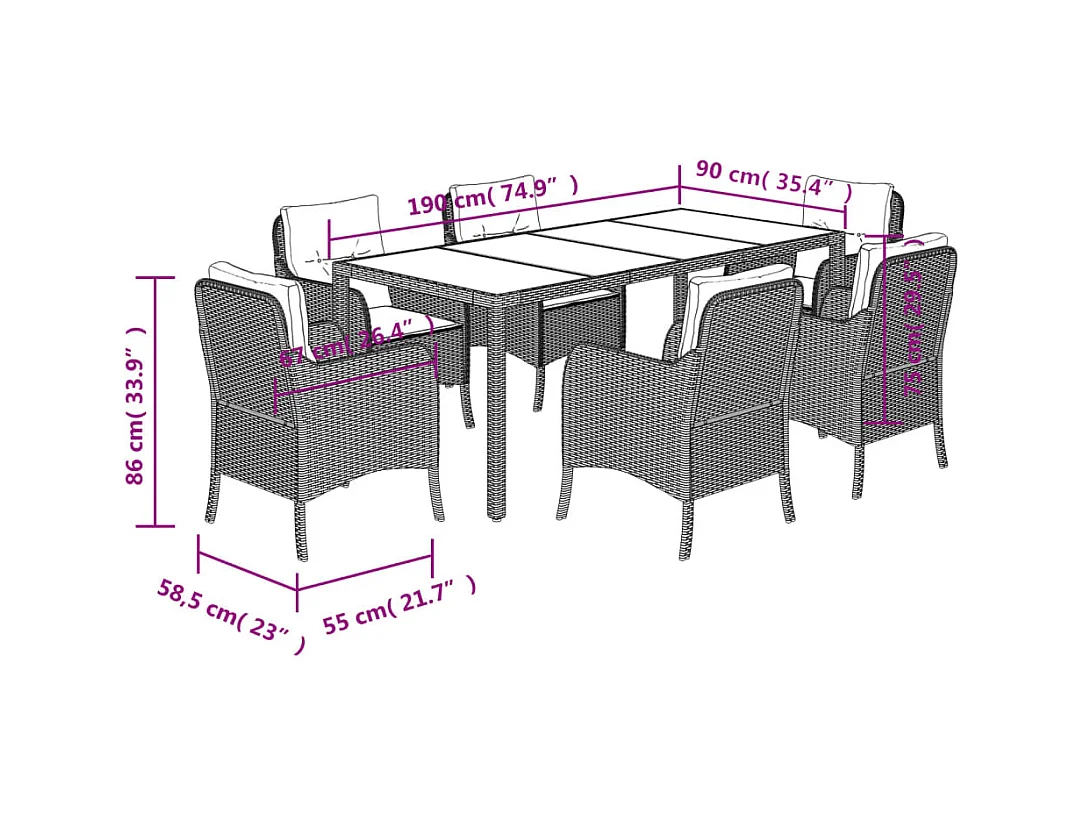Ensemble à manger de jardin coussins 7pcs Noir Résine tressée
