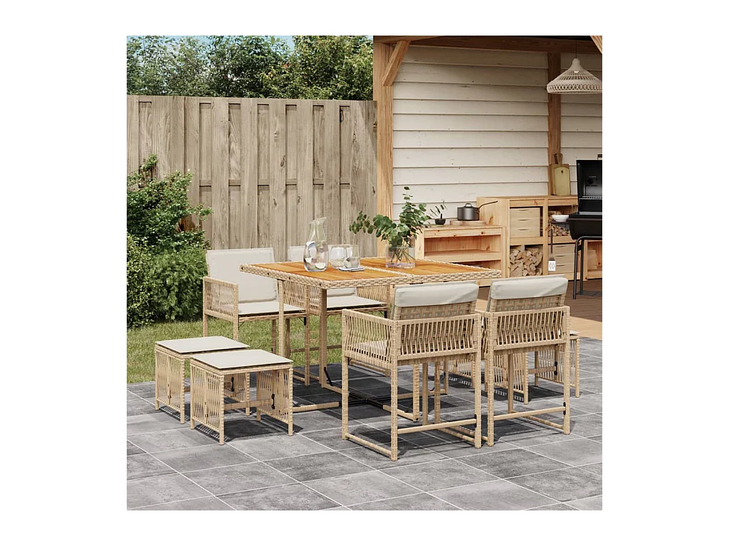 Set da Pranzo da Giardino 9 pz con Cuscini Beige in Polyrattan