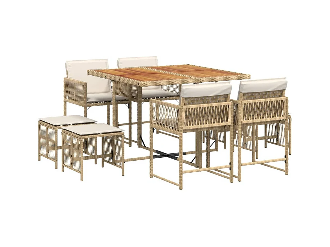 Ensemble à manger de jardin et coussins 9 pcs beige Poly rotin