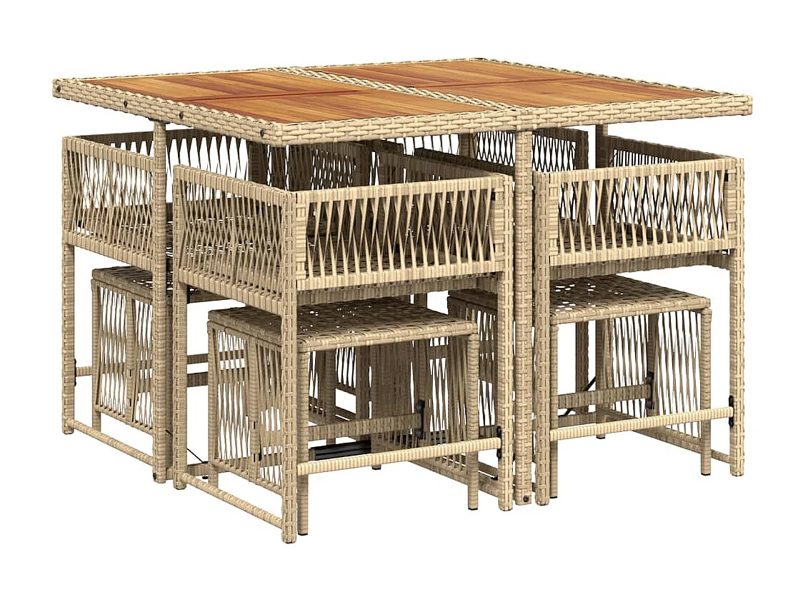 Set da Pranzo da Giardino 9 pz con Cuscini Beige in Polyrattan