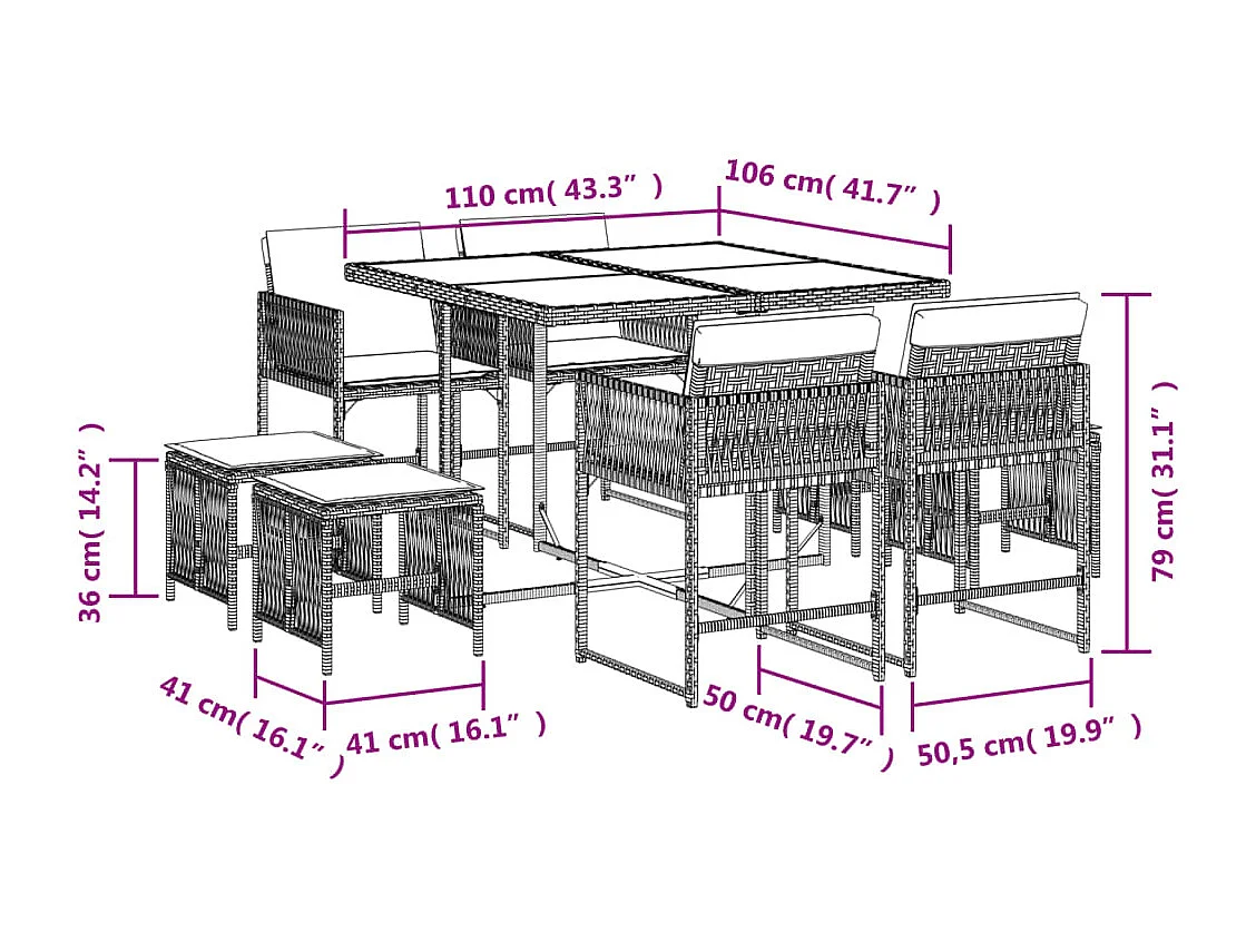 Set da Pranzo da Giardino 9 pz con Cuscini Beige in Polyrattan
