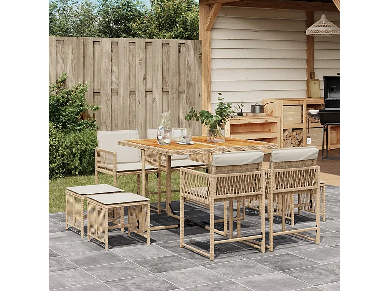 Set da Pranzo da Giardino 9 pz con Cuscini Beige in Polyrattan