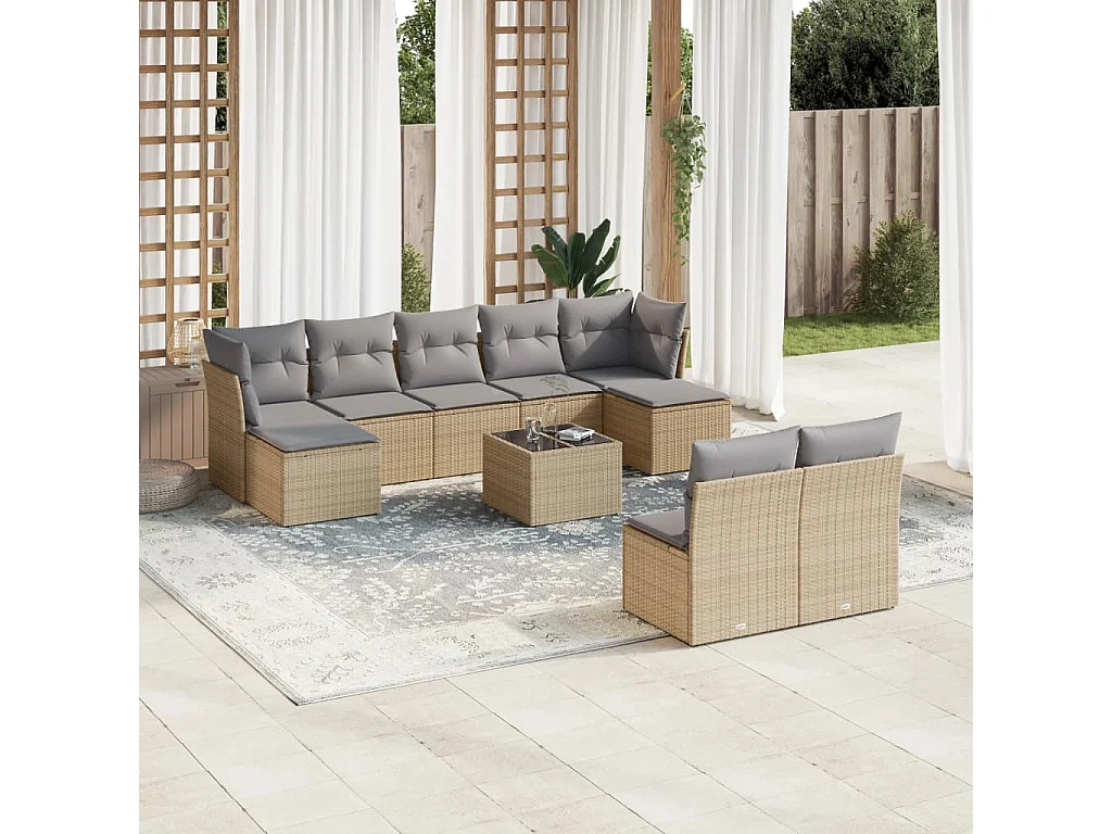 10-delige Loungeset met kussens poly rattan beige