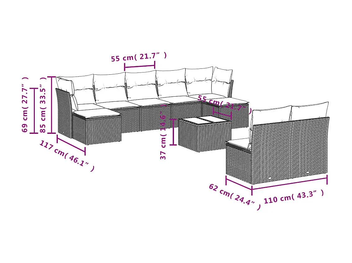 10-delige Loungeset met kussens poly rattan beige