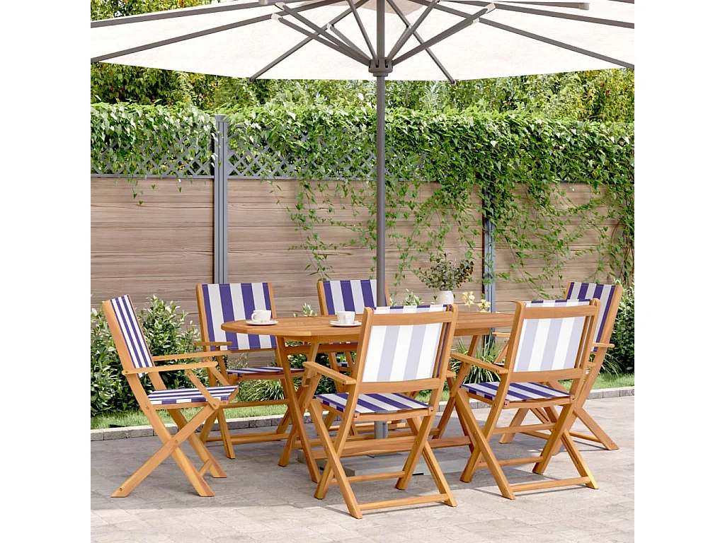 Ensemble à manger de jardin 7 pcs bleu blanc tissu bois massif