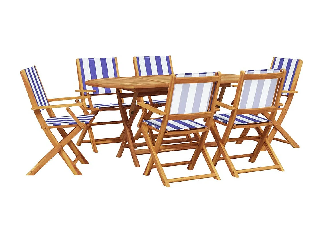 Ensemble à manger de jardin 7 pcs bleu blanc tissu bois massif