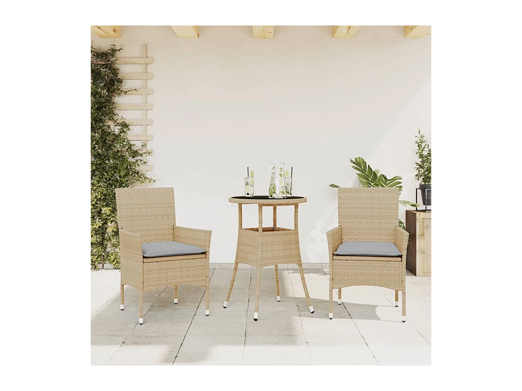 Ensemble à manger de jardin et coussins 3 pcs beige rotin verre