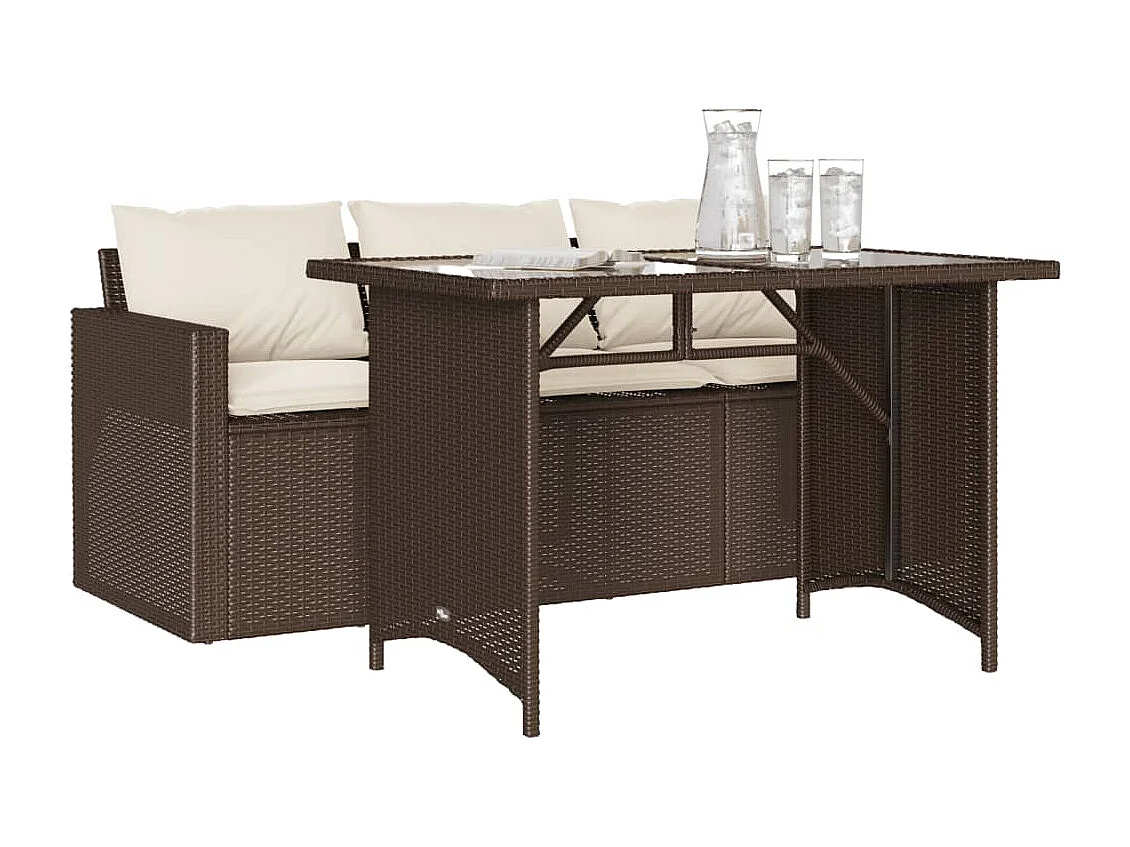 2-tlg. Garten-Essgruppe mit Kissen Braun Poly Rattan