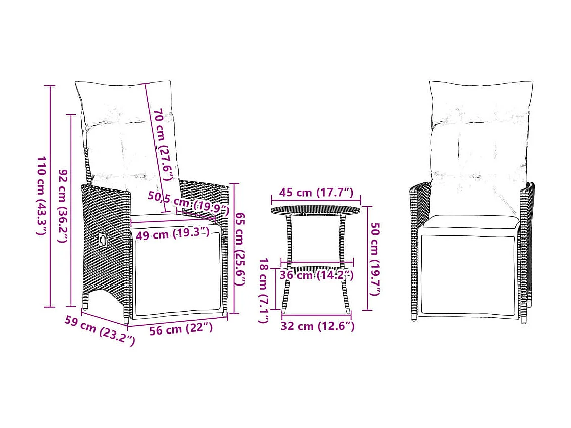 Ensemble de bistro 3 pcs avec coussins beige résine tressée