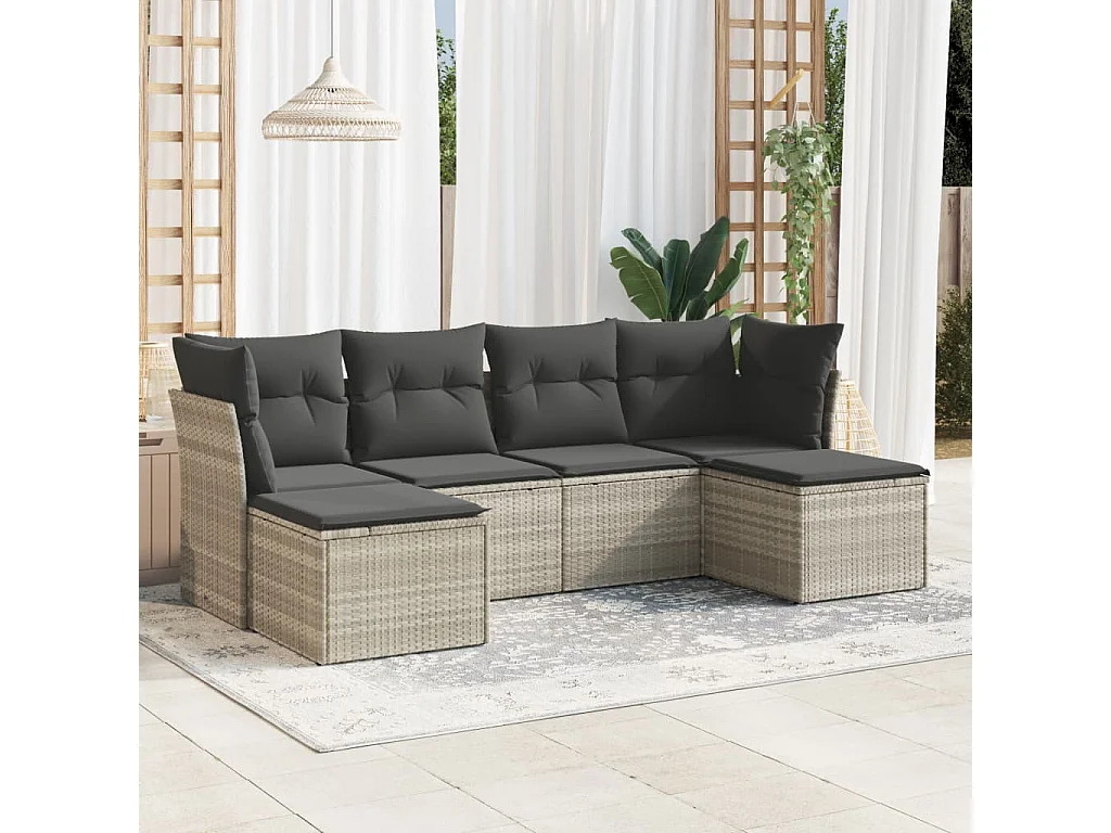 Salon de jardin 6 pcs avec coussins gris clair résine tressée
