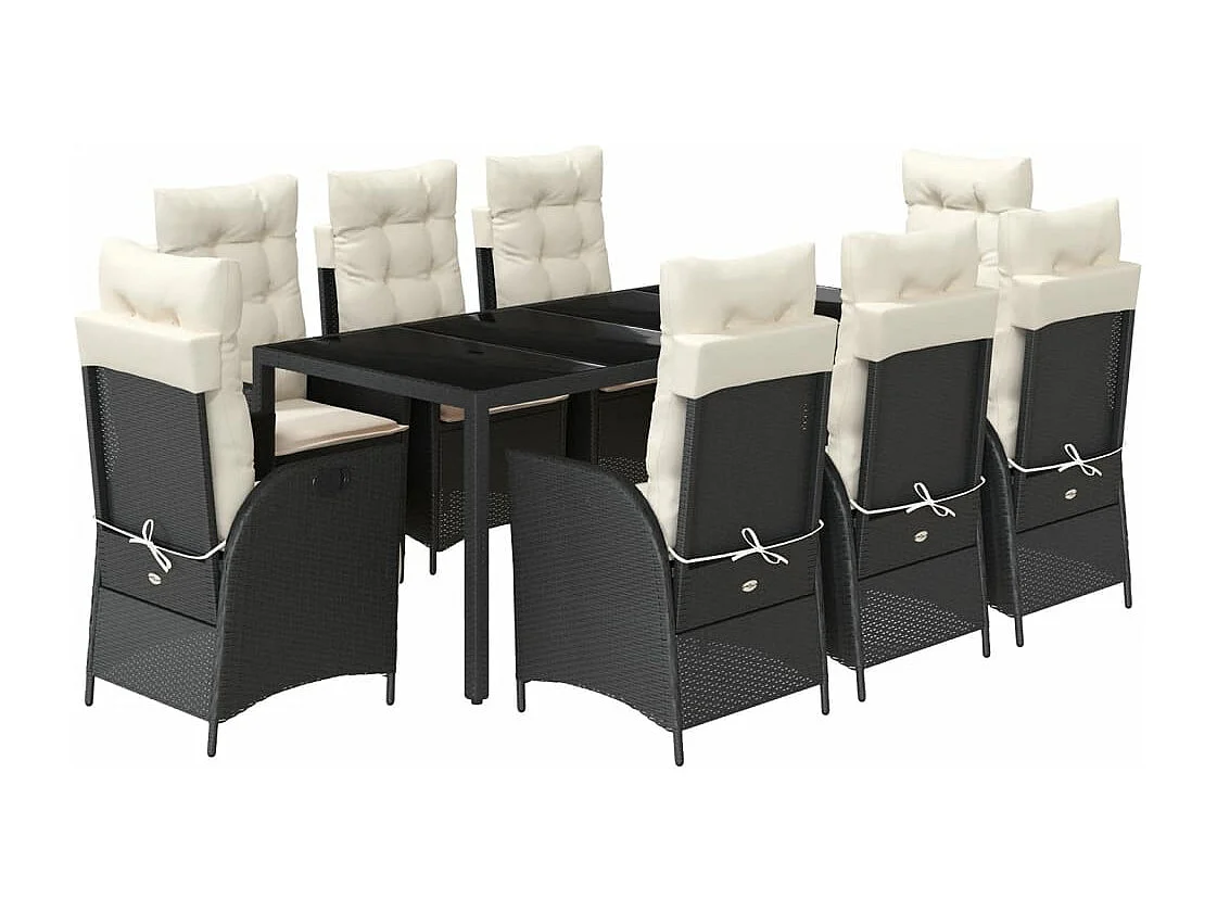 9-tlg. Garten-Essgruppe mit Kissen Schwarz Poly Rattan