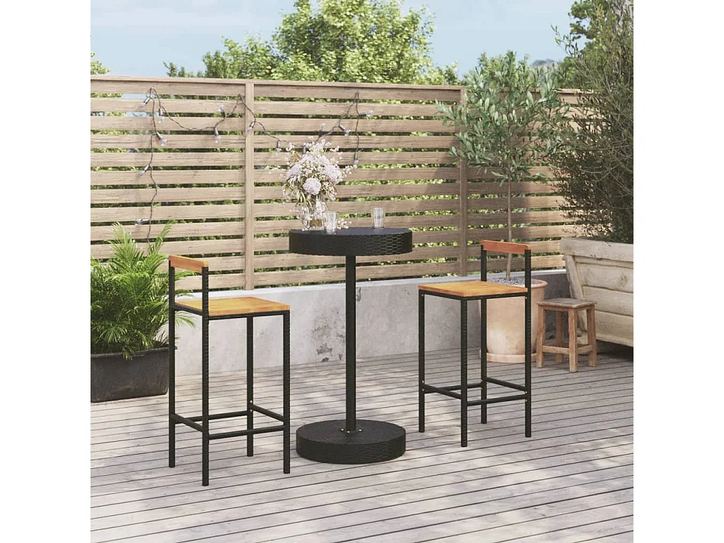 Ensemble de bar jardin 3 pcs noir poly rotin/bois massif acacia
