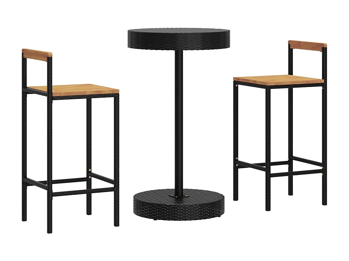 Ensemble de bar jardin 3 pcs noir poly rotin/bois massif acacia