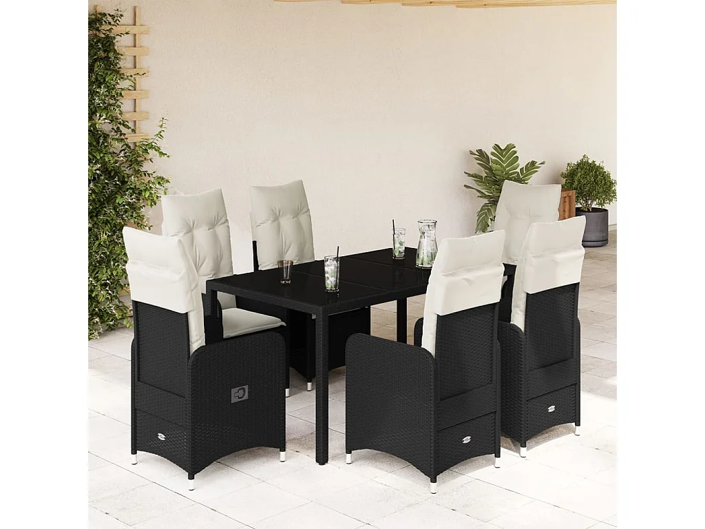 7-tlg. Garten-Bistro-Set mit Kissen Schwarz Poly Rattan