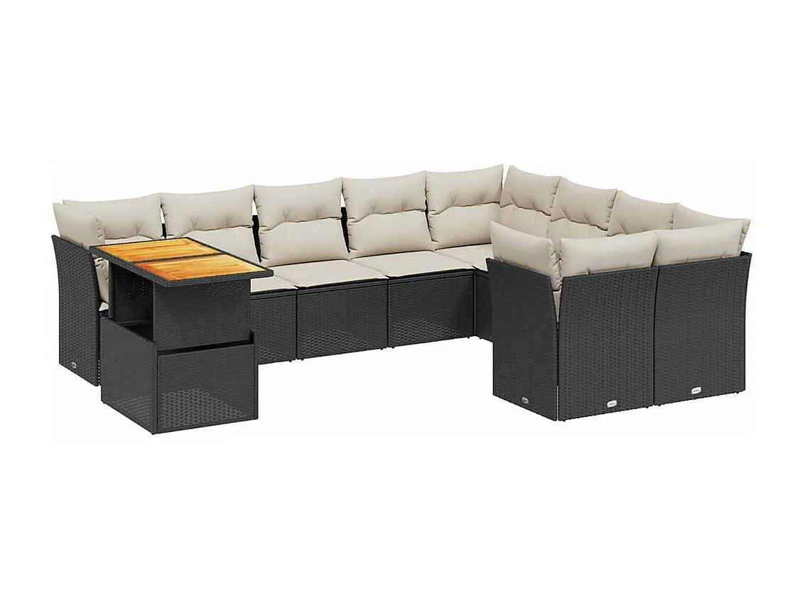 10-delige Loungeset met kussens poly rattan zwart