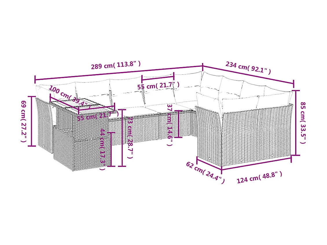 10-delige Loungeset met kussens poly rattan zwart