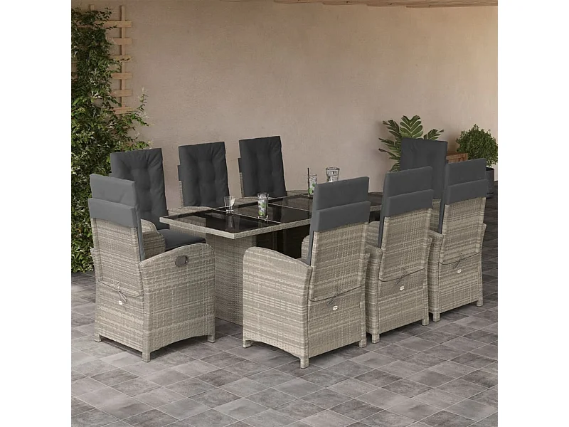 Ensemble à manger de jardin et coussins 9 pcs gris clair rotin