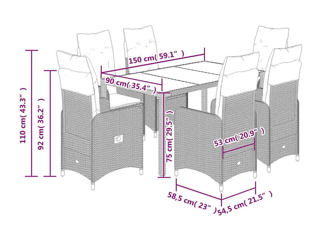 Ensemble de bistro de jardin 7 pcs coussins gris poly rotin
