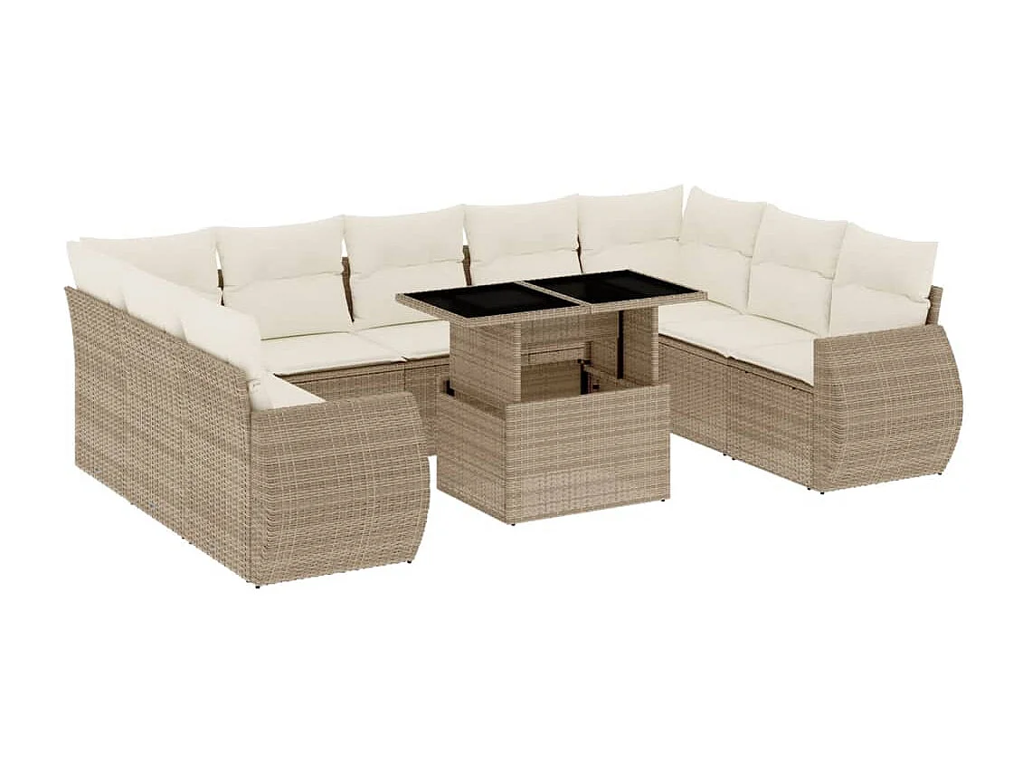 Salon de jardin avec coussins 10 pcs beige résine tressée