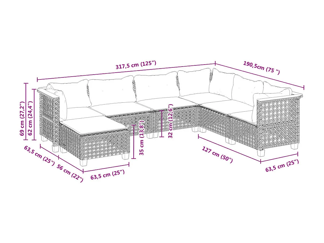 7-tlg. Garten-Sofagarnitur mit Kissen Grau Poly Rattan