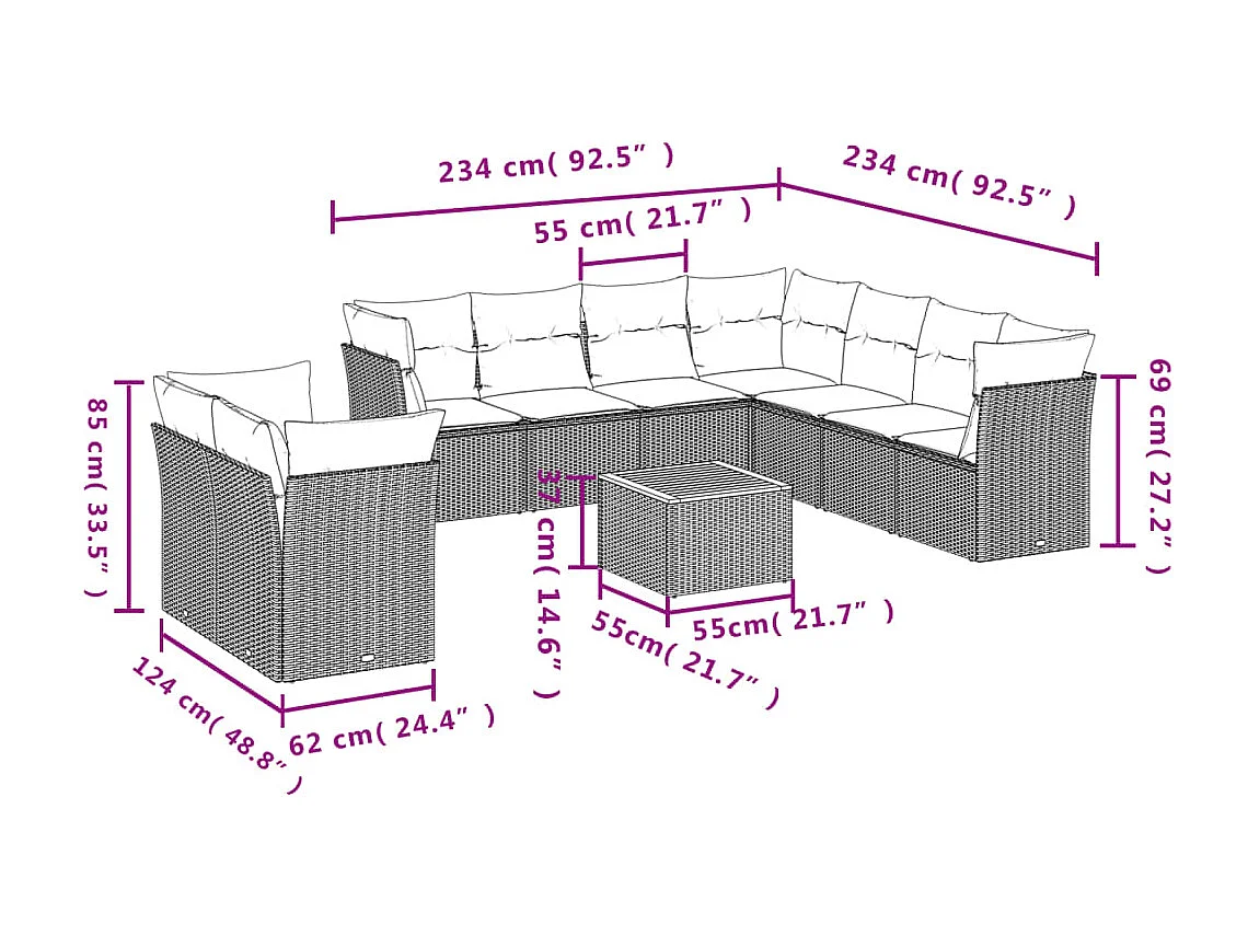 10-delige Loungeset met kussens poly rattan zwart