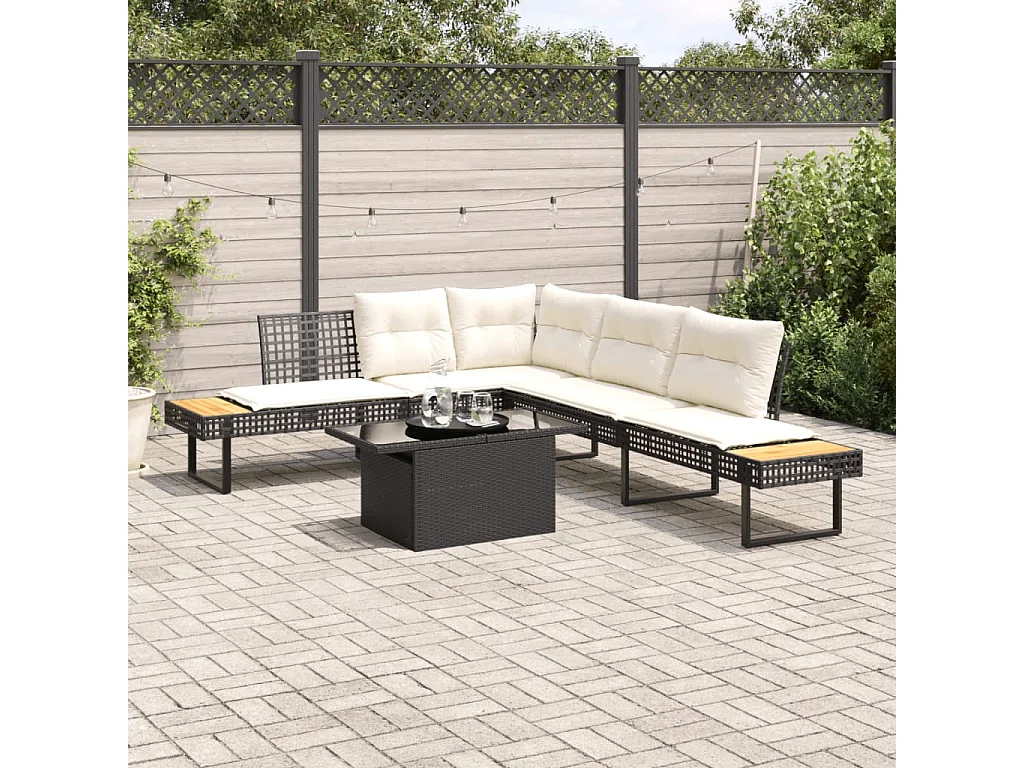 Salon de jardin avec coussins 2pcs noir résine tressée et verre