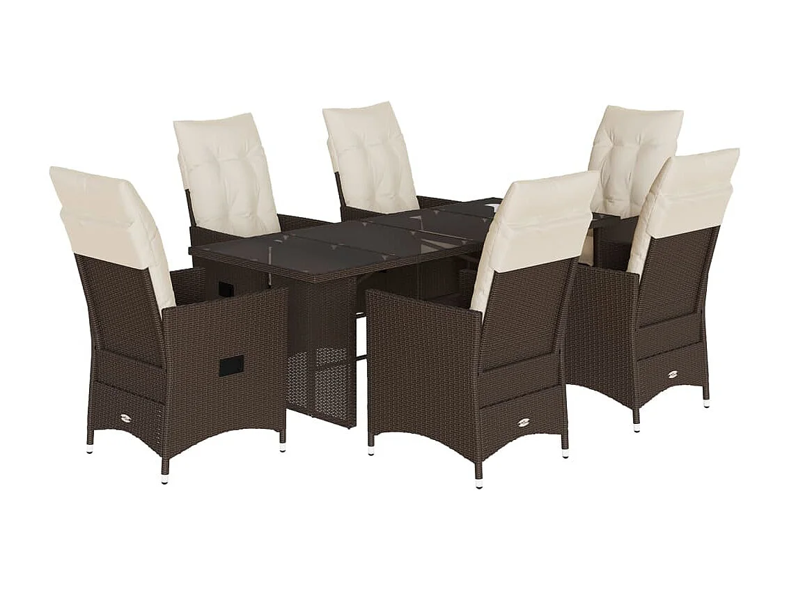 Set comedor de jardín 7 pzas con cojines ratán sintético marrón