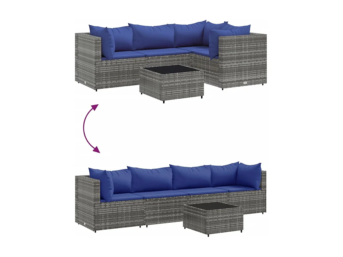 5 pcs conjunto lounge de jardim c/ almofadões vime PE cinzento