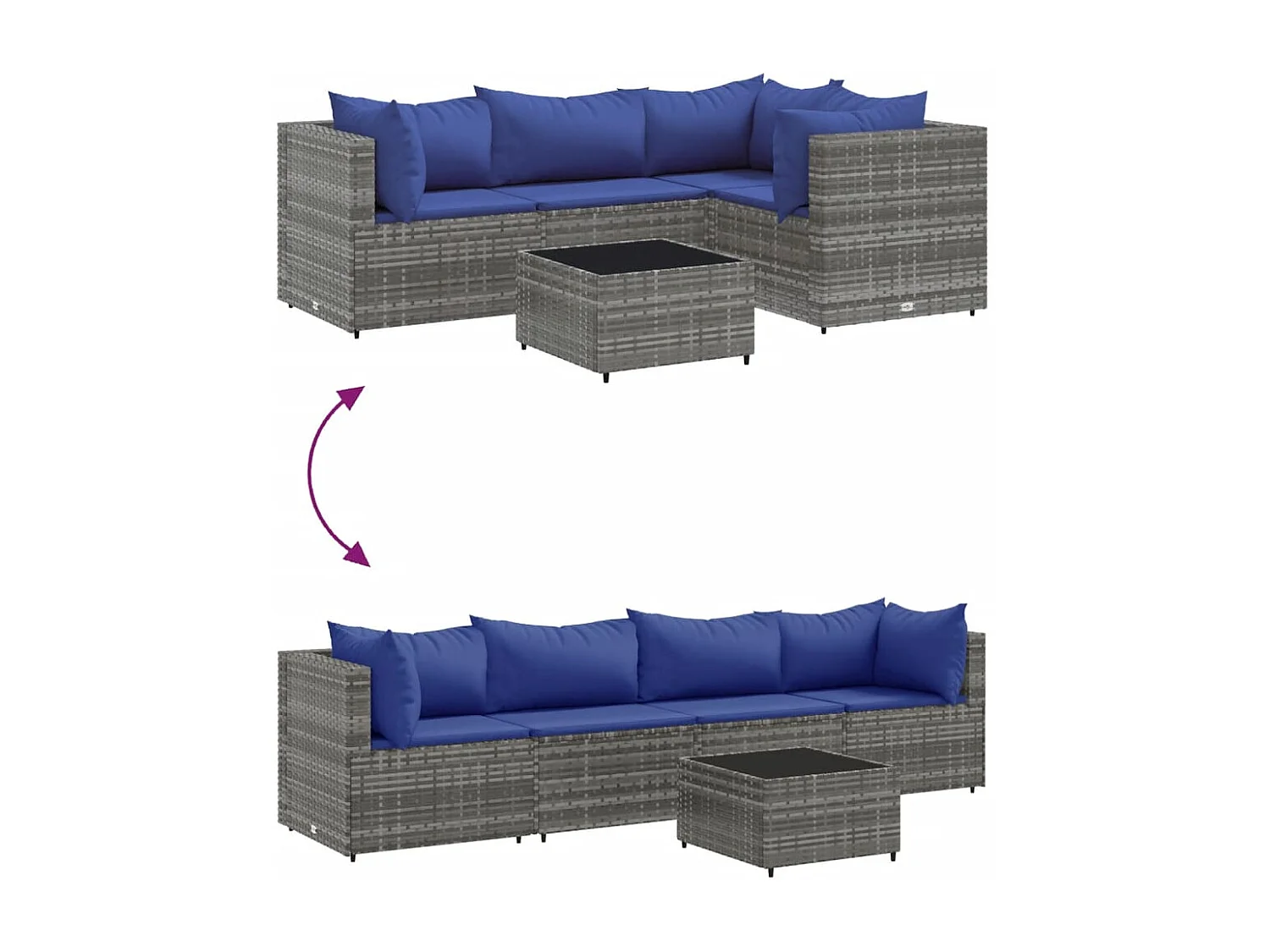 5 pcs conjunto lounge de jardim c/ almofadões vime PE cinzento