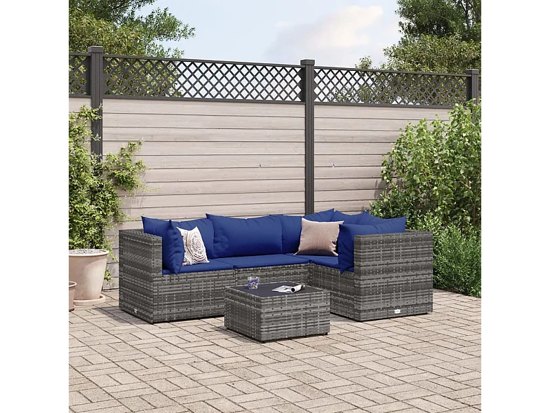 5 pcs conjunto lounge de jardim c/ almofadões vime PE cinzento