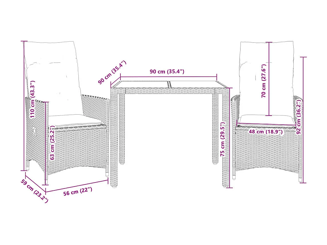 Ensemble de bistro 3 pcs avec coussins noir résine tressée