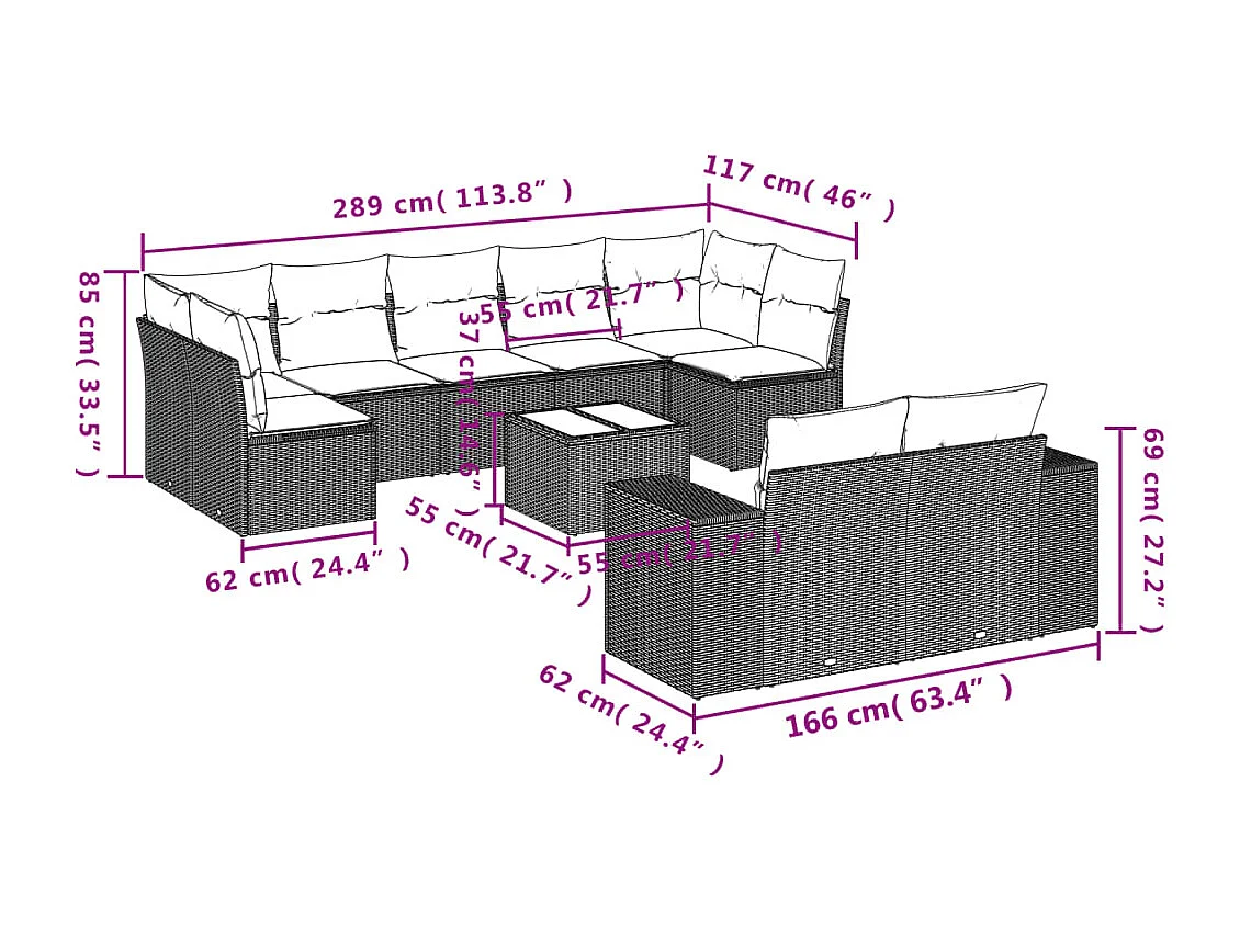 Set Divano Giardino 10 pz con Cuscini Grigio Chiaro Polyrattan