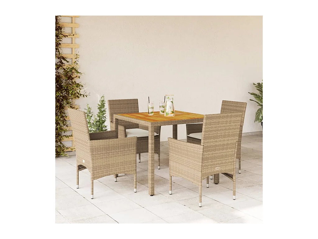 Set Pranzo da Giardino 5 pz con Cuscini Beige Polyrattan Acacia