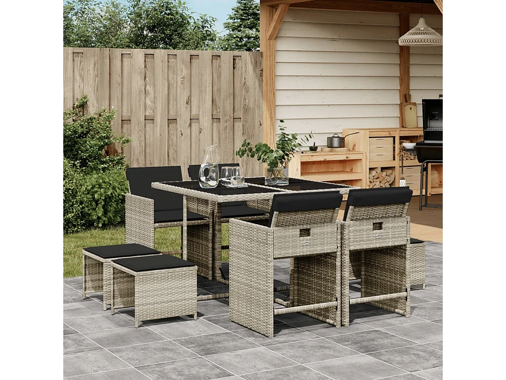 Set Pranzo da Giardino 9pz con Cuscini Grigio Chiaro Polyrattan