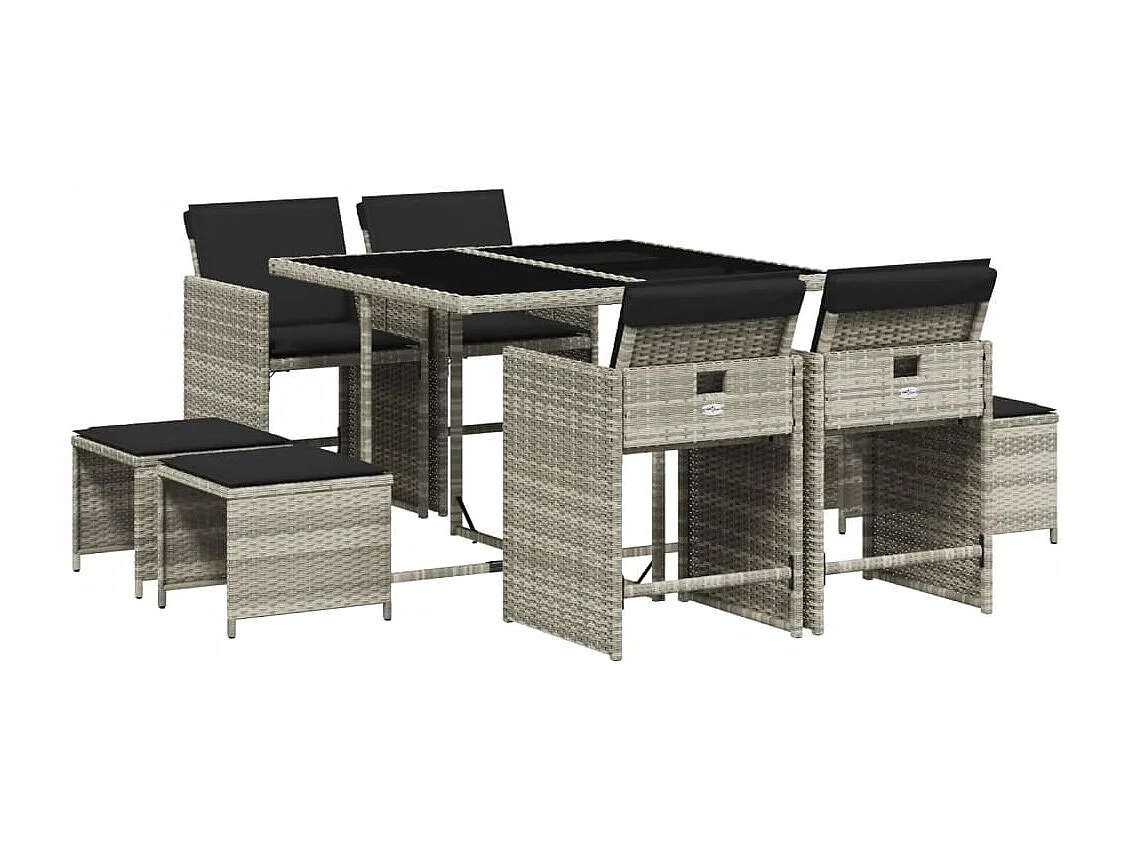 Set Pranzo da Giardino 9pz con Cuscini Grigio Chiaro Polyrattan
