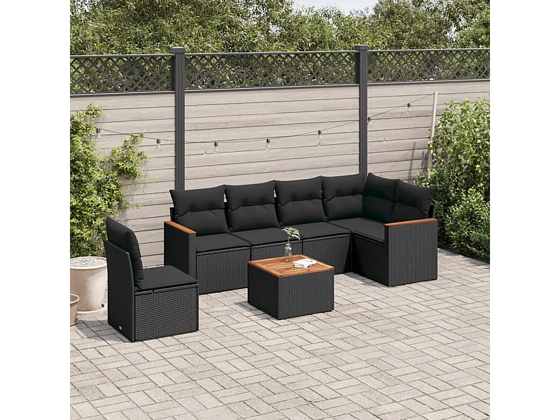 7-tlg. Garten-Sofagarnitur mit Kissen Schwarz Poly Rattan
