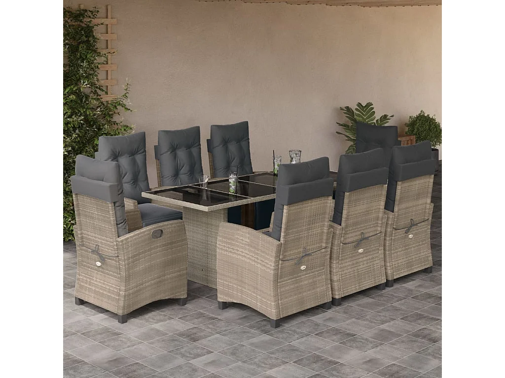 9-tlg. Garten-Essgruppe mit Kissen Hellgrau Poly Rattan