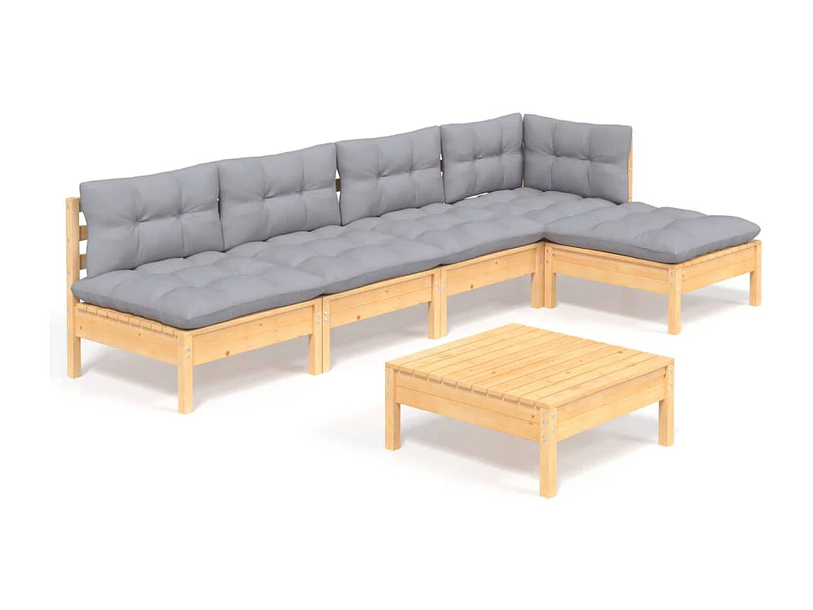 Set Divani da Giardino 6 pz con Cuscini Grigi Massello di Pino