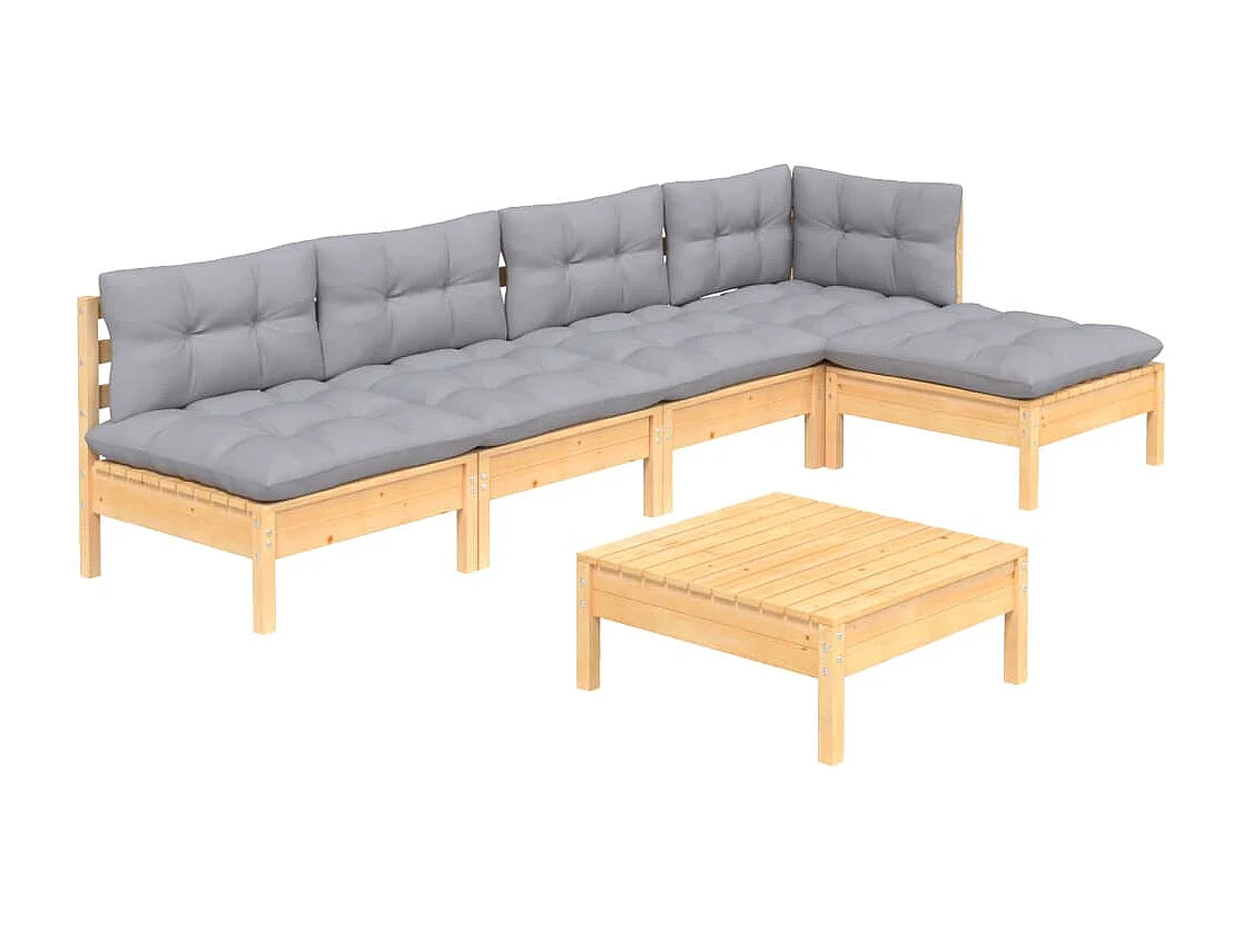 Set Divani da Giardino 6 pz con Cuscini Grigi Massello di Pino