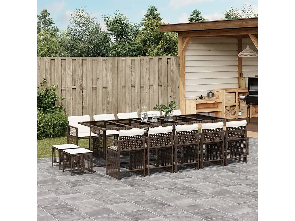 Ensemble à manger de jardin avec coussins 15 pcs marron rotin