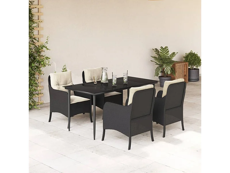 5 pcs conjunto de jantar p/ jardim c/ almofadões vime PE preto