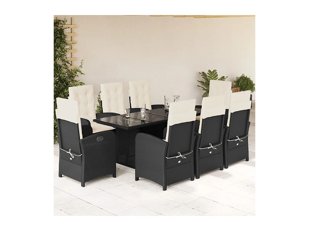 Set da Pranzo da Giardino 9 pz con Cuscini Nero in Polyrattan