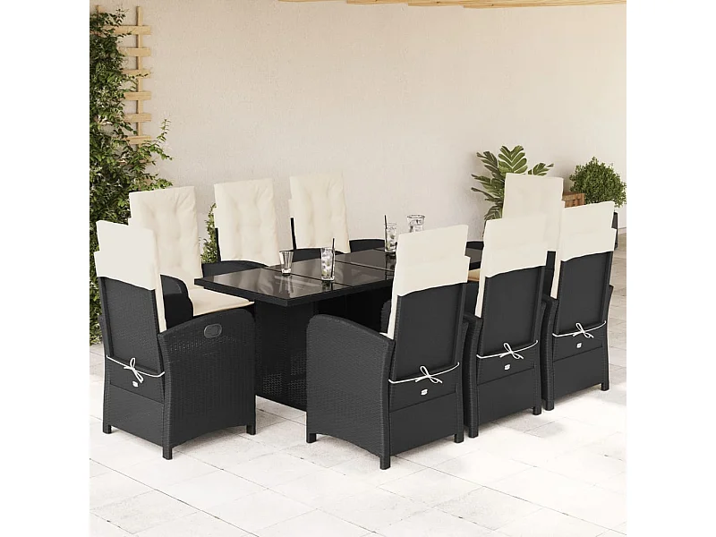 Set da Pranzo da Giardino 9 pz con Cuscini Nero in Polyrattan