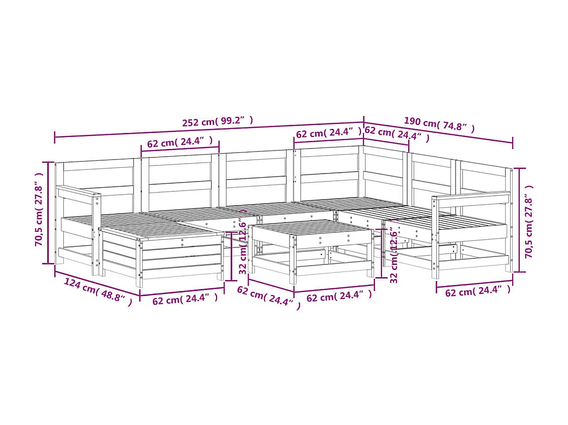 Salon de jardin 8 pcs blanc bois de pin massif