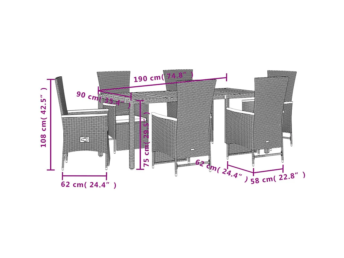 7-tlg. Garten-Essgruppe mit Kissen Schwarz Poly Rattan