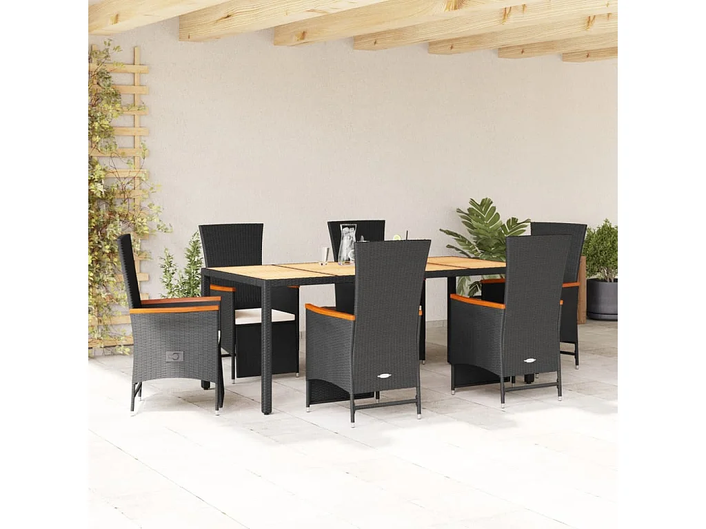 Set da Pranzo da Giardino 7 pz Nero con Cuscini in Polyrattan