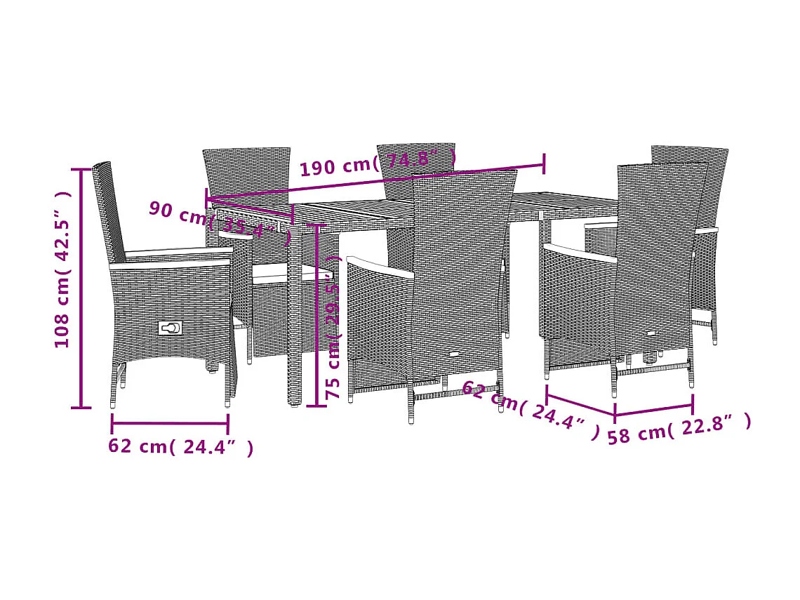 Set da Pranzo da Giardino 7 pz Nero con Cuscini in Polyrattan