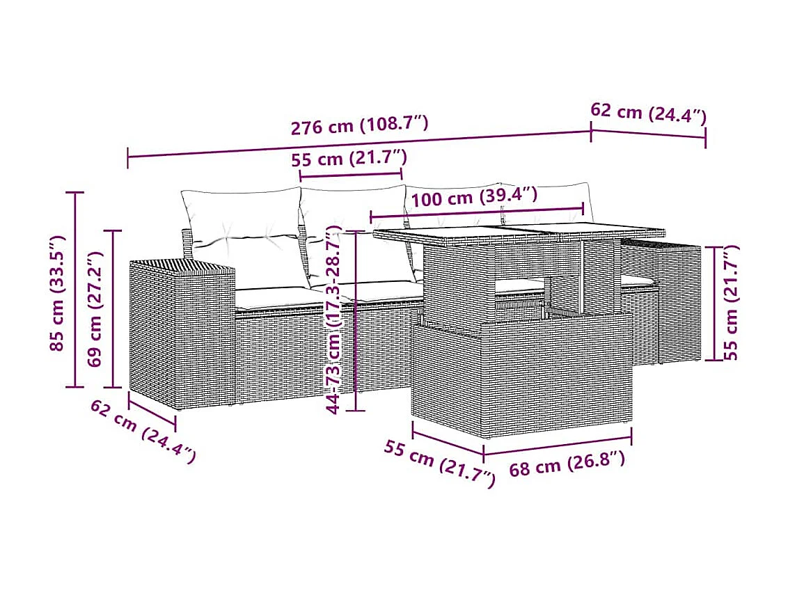 5 pcs conj. sofás jardim c/ almofadões vime PE cinzento-claro