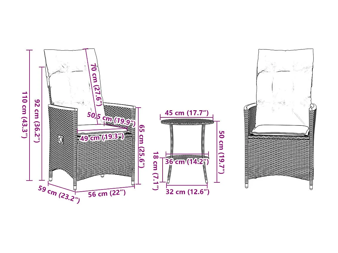Set da Bistrò 3 pz con Cuscini Nero in Polyrattan